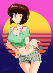 Rule 34 | 1980s (style), 1girl, arkan54, artist name, bob cut, bra, bra strap, breasts, brown eyes, brown hair, cleavage, collarbone, commentary, cowboy shot, crop top, cutoffs, english commentary, giving, gradient background, grey legwear, grey shorts, groin, hair between eyes, hand on own hip, highres, light smile, looking at viewer, lowleg, lowleg shorts, medium breasts, midriff, navel, off shoulder, oldschool, one eye closed, pink background, pink bra, purple background, ranma 1/2, retro artstyle, short hair, short shorts, shorts, signature, solo, standing, sunset, tendou nabiki, thigh gap, ticket, torn clothes, torn shorts, underwear