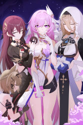 4girls absurdres animal_ears aponia_(honkai_impact) applying_makeup bare_legs bare_shoulders black_dress black_gloves blonde_hair bodysuit box breasts brown_hair cat_ears cat_girl chinese_commentary cleavage closed_eyes closed_mouth clothing_cutout commentary_request cowboy_shot diamond-shaped_pupils diamond_(shape) dress earrings eden_(honkai_impact) elysia_(herrscher_of_human:_ego)_(honkai_impact) elysia_(honkai_impact) facing_another gift gift_box gloves hair_between_eyes hair_ornament half-closed_eyes hand_up highres holding holding_gift honkai_(series) honkai_impact_3rd jewelry lao_xi large_breasts long_hair_between_eyes looking_at_viewer multiple_girls nun pardofelis pink_hair purple_eyes red_hair side_cutout smile standing symbol-shaped_pupils white_bodysuit white_gloves white_veil