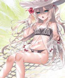 Rule 34 | 1girl, aqua eyes, azur lane, bare shoulders, bikini, black bikini, breasts, cat cutout, cat cutout panties, clothing cutout, drink, frilled bikini, frills, hair between eyes, hair bobbles, hair ornament, hammann (azur lane), hammann ii (another rebellious summer) (azur lane), hammann ii (azur lane), hammock, hand up, hat, highres, holding, holding drink, leaf, long hair, looking at viewer, navel, official alternate costume, open mouth, red nails, red ribbon, ribbon, see-through, sitting, small breasts, solo, swimsuit, triangle mouth, tropical drink, trtrpnk, white hair, wrist belt