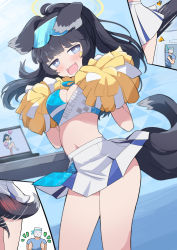 Rule 34 | 1boy, 1girl, absurdres, animal ears, doodle sensei (blue archive), bare shoulders, black hair, blue archive, blue eyes, blush, breasts, cheerleader, computer, crop top, dog ears, dog girl, dog tail, eyewear on head, goggles, goggles on head, halo, hibiki (blue archive), hibiki (cheer squad) (blue archive), highres, holding, holding pom poms, kittenlochen, laptop, long hair, looking at viewer, midriff, millennium cheerleader outfit (blue archive), multiple views, navel, pom pom (cheerleading), pom poms, sensei (blue archive), skirt, star sticker, sticker on face, surprised, tail, tail wagging