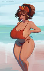 Rule 34 | 1girl, ^ ^, beach, big hair, bikini, blunt bangs, bow, breast lift, breasts, breasts squeezed together, brown hair, cleavage, closed eyes, collarbone, commentary, crimson kaiserin, dark-skinned female, dark skin, day, earrings, english commentary, eyeshadow, feet out of frame, fingernails, flores (crimson kaiserin), grin, hair bow, hair ornament, hair stick, highres, hoop earrings, huge breasts, jewelry, legs together, makeup, mole, mole above mouth, original, ponytail, red bikini, red bow, sideboob, signature, smile, solo, spaghetti strap, strap gap, swimsuit, taut clothes, thick thighs, thighs, twitter username, updo