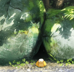 Rule 34 | animal, backpack, bag, basket, bird, boulder, chick, day, fantasy, forest, hachiya shohei, highres, looking afar, nature, no humans, original, outdoors, paper, rock, rolled up paper, scenery, shadow, standing