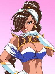 Rule 34 | 1girl, braid, braided ponytail, breasts, capcom, cleavage, earrings, hair over one eye, jewelry, large breasts, long hair, midriff, power stone, rouge (power stone), tedbob84