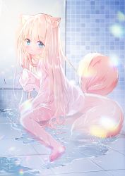 Rule 34 | 1girl, :o, absurdres, animal ear fluff, animal ears, bare shoulders, barefoot, blonde hair, blue eyes, blush, commentary request, hair between eyes, highres, long hair, long sleeves, looking at viewer, moe2022, multiple tails, off shoulder, on floor, original, parted lips, peas (peas0125), see-through, shirt, sleeves past fingers, sleeves past wrists, solo, tail, tile floor, tile wall, tiles, two tails, very long hair, wet, wet clothes, wet shirt, white shirt