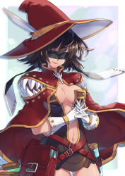 Rule 34 | 1girl, belt, black blindfold, black hair, blindfold, breasts, brown dress, cape, cleavage, cowboy shot, creator (ragnarok online), dress, eric flay, gloves, hat, hat feather, interlocked fingers, living clothes, medium breasts, navel, open mouth, ragnarok online, red belt, red cape, red hat, sharp teeth, short dress, short hair, smile, solo, teeth, vial, white gloves, witch hat