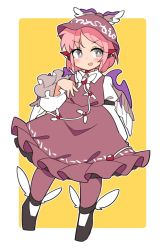 Rule 34 | 1girl, animal ears, bird ears, bird wings, black footwear, blush, border, brown dress, brown hat, brown thighhighs, collared shirt, dress, earrings, frilled sleeves, frills, full body, grey eyes, hat, highres, ini (inunabe00), jewelry, juliet sleeves, long sleeves, mob cap, mystia lorelei, open mouth, pink hair, puffy sleeves, shirt, shoes, short hair, single earring, smile, solo, thighhighs, touhou, white border, white shirt, winged footwear, wings