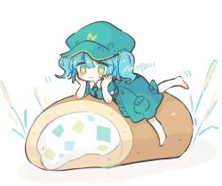 Rule 34 | 1girl, aqua shirt, aqua skirt, barefoot, blue hair, blush, closed mouth, collarbone, flat cap, food, food request, full body, green eyes, green hat, hair between eyes, hair bobbles, hair ornament, hat, kawashiro nitori, key, lying, m (m073111), medium hair, motion lines, on stomach, shirt, short sleeves, signature, simple background, skirt, smile, solo, touhou, two side up, white background