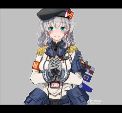 Rule 34 | 1girl, armband, belt, beret, black hat, blue eyes, bow, breasts, buttons, commentary request, dated, epaulettes, frilled sleeves, frills, gloves, grey background, hat, hat bow, headphones, headphones around neck, id card, jacket, kantai collection, kashima (kancolle), large breasts, long sleeves, military, military jacket, military uniform, shikishima fugen, sidelocks, silver hair, smile, solo, tsurime, twintails, twitter username, uniform, utility belt, wavy hair, white gloves, white jacket