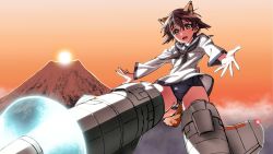 Rule 34 | 1girl, animal ears, bad id, bad twitter id, black neckerchief, brown eyes, brown hair, cloud, commentary request, dog ears, dog tail, flying, highres, kogarashi51, looking at viewer, miyafuji yoshika, mount fuji, neckerchief, open mouth, outstretched hand, school swimsuit, school uniform, short hair, solo, strike witches, striker unit, sunrise, swimsuit, tail, world witches series
