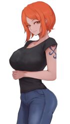 Rule 34 | 1girl, ai-assisted, arm under breasts, black shirt, breasts, denim, from side, highres, large breasts, looking at viewer, nami (one piece), one piece, orange eyes, orange hair, pants, shirt, short hair, shoulder tattoo, sidelocks, smile, t-shirt, tattoo, vcais, white background
