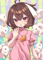 Rule 34 | 1girl, :3, :d, absurdres, ahoge, animal ears, bamboo, blush, brown hair, carrot necklace, dress, e sdss, fingernails, flat chest, floppy ears, frills, hand up, highres, inaba tewi, jewelry, looking at viewer, necklace, open mouth, petite, pink dress, pink eyes, puffy short sleeves, puffy sleeves, rabbit, rabbit ears, rabbit girl, short hair, short sleeves, simple background, smile, solo, touhou