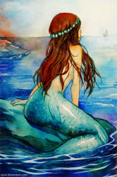 Rule 34 | 1girl, arm at side, arm support, artist name, breasts, brown hair, commentary request, completely nude, deviantart username, from behind, long hair, medium breasts, mermaid, monster girl, nude, ocean, original, painting (medium), qinni, solo, traditional media, water, watercolor (medium), watermark, web address
