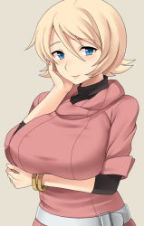 Rule 34 | 10s, 1girl, belt, blonde hair, blue eyes, blush, bracelet, breast hold, breasts, emily armond, gundam, gundam age, hand on own face, huge breasts, inaho, jewelry, large breasts, mature female, aged up, shirt, short hair, smile, solo, taut clothes, taut shirt