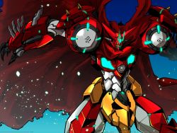 Rule 34 | amakawa mayu, cape, getter-1 (devolution), getter robo, getter robo devolution, glowing, highres, looking down, mecha, open hand, red cape, robot, science fiction, solo, super robot, yellow eyes