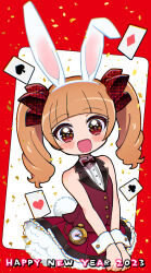 Rule 34 | + +, 1girl, 2023, :d, aisaki emiru, animal ears, blunt bangs, bow, bowtie, card, center frills, chinese zodiac, commentary, confetti, cowboy shot, dantyo0, dress shirt, english text, fake animal ears, fake tail, frills, hair bow, happy new year, highres, hugtto! precure, looking at viewer, medium hair, miniskirt, nengajou, new year, open mouth, petticoat, playing card, pleated skirt, pocket watch, precure, rabbit ears, rabbit tail, red bow, red bowtie, red eyes, red skirt, red vest, shirt, skirt, sleeveless, sleeveless shirt, smile, solo, standing, tail, twintails, v arms, vest, watch, white shirt, wrist cuffs, year of the rabbit