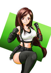 Rule 34 | &gt;:), 1girl, absurdres, black skirt, black thighhighs, breasts, brolin, brown hair, clenched hands, collarbone, crop top, earrings, elbow gloves, elbow pads, fighting stance, final fantasy, final fantasy vii, final fantasy vii remake, fingerless gloves, gloves, highres, jewelry, large breasts, leg up, long hair, looking at viewer, low-tied long hair, midriff, navel, skirt, solo, suspender skirt, suspenders, suspenders gap, swept bangs, tank top, thighhighs, thighs, tifa lockhart, v-shaped eyebrows, white tank top