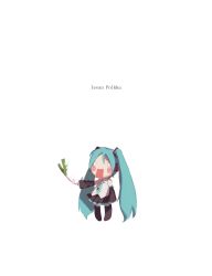 Rule 34 | 1girl, aqua necktie, black footwear, black skirt, blouse, blush stickers, boots, chibi, copyright name, detached sleeves, full body, grey shirt, hachune miku, hatsune miku, highres, ievan polkka (vocaloid), long hair, necktie, open mouth, pleated skirt, shirt, simple background, skirt, sleeveless, sleeveless shirt, solid circle eyes, solo, song name, spencer sais, spring onion, thigh boots, thighhighs, twintails, vocaloid, white background