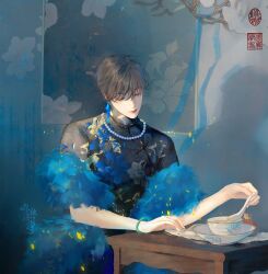 Rule 34 | 1boy, architecture, bishounen, boki 20cm, brown hair, china dress, chinese clothes, cleavage cutout, closed eyes, closed mouth, clothing cutout, crossdressing, dress, east asian architecture, feather boa, heyu, highres, jade (gemstone), jewelry, male focus, medical record book, necklace, pearl necklace, qinghua (porcelain), short hair, sitting, solo, tassel, yaopei