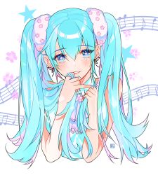 Rule 34 | 1girl, alracoco, blue eyes, blue hair, blue nails, blue shirt, blush, breasts, butterfly earrings, collarbone, cropped torso, earrings, hair ornament, hatsune miku, highres, holding, holding own hair, jewelry, long hair, looking at viewer, medium breasts, musical note, nail polish, parted lips, shirt, sleeveless, sleeveless shirt, solo, staff, symbol-shaped pupils, twintails, upper body, very long hair, vocaloid