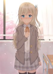 Rule 34 | 1girl, arm at side, black thighhighs, blonde hair, blue eyes, blush, buttons, chair, cherry blossoms, classroom, commentary request, cowboy shot, curtains, day, desk, dress shirt, hair ribbon, hand on own chest, highres, indoors, jacket, long hair, long sleeves, looking at viewer, mirai (mirai76 ), neck ribbon, nose blush, one side up, original, parted lips, petals, plaid, plaid skirt, pleated skirt, ribbon, school, school chair, school desk, school uniform, shirt, skirt, solo, standing, thighhighs, white shirt, window, wing collar, zettai ryouiki