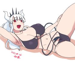 Rule 34 | 1girl, bikini, black bikini, black tail, breasts, commentary request, dated, demon girl, demon horns, demon tail, fang, hairband, helltaker, horns, large breasts, long hair, looking at viewer, lucifer (helltaker), lying, multi-strapped bikini top, navel, open mouth, red eyes, signature, skin fang, smile, solo, spiked hairband, spikes, swimsuit, tail, tsukudani (coke-buta), white background, white hair, white horns
