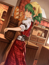 Rule 34 | 1girl, apron, asutora, baguette, bakery, basket, belt, bread, breasts, commentary request, earrings, food, green hair, hair ornament, hairpin, head scarf, highres, indoors, jewelry, kazami yuuka, looking at viewer, medium breasts, oven, photo (object), plaid, plaid skirt, plaid vest, red eyes, red skirt, shop, skirt, skirt set, sleeves rolled up, solo, standing, touhou, vest
