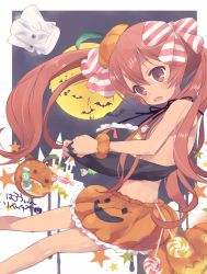 Rule 34 | 10s, 1girl, brown eyes, brown hair, candy, dark-skinned female, dark skin, fang, food, halloween costume, hat, jack-o&#039;-lantern, kantai collection, libeccio (kancolle), lollipop, long hair, oluha, open mouth, pumpkin, ribbon, smile, solo, twintails