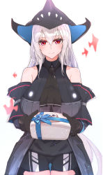 Rule 34 | 1girl, absurdres, angelfish, arknights, ascot, bare shoulders, black ascot, black gloves, black hat, black pants, blue bow, blush, bow, bracelet, breasts, closed mouth, collarbone, cowboy shot, detached sleeves, fish, gift, gloves, grey hair, hat, highres, holding, holding gift, jewelry, large breasts, long hair, long sleeves, looking at viewer, muteppona hito, pants, red eyes, simple background, skadi (arknights), skadi (elite ii) (arknights), smile, solo, very long hair, wakamezake, white background