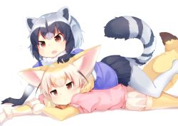 Rule 34 | 10s, 2girls, animal ears, arare mochiko, black gloves, black hair, black skirt, blonde hair, brown eyes, commentary request, common raccoon (kemono friends), fennec (kemono friends), fox ears, fur collar, girl on top, gloves, grey hair, hand on another&#039;s head, highres, kemono friends, lying, miniskirt, multicolored hair, multiple girls, pantyhose, pink sweater, pleated skirt, raccoon ears, raccoon tail, short-sleeved sweater, short hair, short sleeves, skirt, striped tail, sweater, tail, thighhighs, white background, white gloves, white hair, white legwear, white skirt, yellow legwear