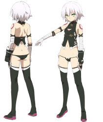 Rule 34 | 1girl, arm at side, arm belt, armpit peek, arms at sides, ass, backless outfit, bandaged arm, bandages, bare shoulders, belt, belt buckle, black footwear, black gloves, black panties, black shirt, boots, brown belt, buckle, butt crack, character sheet, closed mouth, collarbone, dagger, expressionless, facial scar, facing away, fate/apocrypha, fate (series), fingerless gloves, flat chest, from behind, full body, gloves, green eyes, groin, hair between eyes, halterneck, highres, jack the ripper (fate/apocrypha), knife, legs apart, leon (mikiri hassha), looking at viewer, lowleg, lowleg panties, multiple views, navel, outstretched arm, panties, scar, scar across eye, scar on cheek, scar on face, sheath, sheathed, shirt, short hair, shoulder blades, simple background, single glove, sleeveless, sleeveless shirt, standing, stomach, tattoo, thigh boots, thighhighs, underwear, weapon, white background, white hair