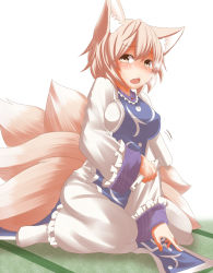 Rule 34 | 1girl, animal ears, black eyes, blonde hair, breasts, breath, covered erect nipples, female focus, fox ears, fox tail, large breasts, looking at viewer, messy hair, multiple tails, no headwear, no headwear, open mouth, roller, short hair, sitting, solo, tabard, tail, tamahana, touhou, wariza, white background, white legwear, yakumo ran