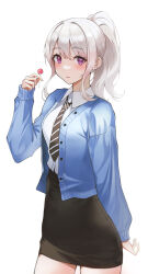 Rule 34 | 1girl, absurdres, black necktie, bllustration, blue cardigan, blush, candy, cardigan, collared shirt, dress shirt, food, hair between eyes, highres, holding, holding candy, holding food, holding lollipop, ine (vtuber), lollipop, long hair, long sleeves, looking at viewer, necktie, open cardigan, open clothes, pencil skirt, ponytail, purple eyes, shirt, sidelocks, simple background, skirt, sleeves past wrists, solo, virtual youtuber, waktaverse, white background, white hair, white shirt, wing collar