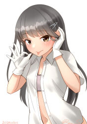 Rule 34 | 1girl, bra, brown eyes, brown hair, collared shirt, dress shirt, gloves, grey bra, hair ornament, hairclip, hand on own ear, hayashio (kancolle), kantai collection, long hair, mole, mole under eye, navel, ok sign, one-hour drawing challenge, ray.s, shirt, simple background, solo, tongue, tongue out, training bra, underwear, upper body, white background, white gloves, white shirt