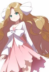 Rule 34 | 1girl, blouse, bow, caitlin (pokemon), closed mouth, commentary request, creatures (company), dress, eyelashes, frown, game freak, green eyes, hair ribbon, highres, long sleeves, looking at viewer, nintendo, pink dress, pokemon, pokemon dppt, pokemon platinum, ribbon, shiba inu@oekaki, shirt, simple background, solo, white background, white bow, white ribbon, white shirt
