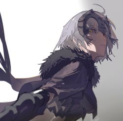 Rule 34 | 1girl, armored corset, capelet, expressionless, fate/grand order, fate (series), fur, fur collar, gradient background, headpiece, highres, jeanne d&#039;arc alter (fate), looking at viewer, looking to the side, pale skin, short hair, solo, standard bearer, tansiki, white hair, wind, yellow eyes