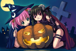 Rule 34 | 2girls, bent over, black hair, blush, bosshi, cape, cosplay, crescent, crescent moon, cross, demon girl, elbow gloves, full moon, gloves, glowing, graveyard, green eyes, grin, hair bobbles, hair ornament, hair ribbon, halloween, hat, horns, jack-o&#039;-lantern, kneeling, leaning forward, moe (bosshi), moe (character), moe (phrase), moon, multiple girls, night, night sky, on ground, open fly, original, outdoors, pink hair, pumpkin, red eyes, ribbon, short hair, short shorts, short twintails, shorts, sky, smile, thigh strap, twintails, unzipped, wand, witch, witch hat, yu (bosshi)