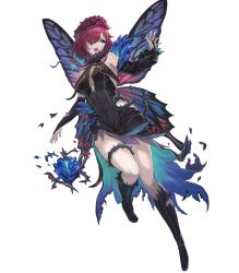Rule 34 | 1girl, bare shoulders, blue eyes, boots, breasts, butterfly wings, center opening, circlet, cleavage, covered navel, facial mark, fairy wings, female focus, fire emblem, fire emblem heroes, flower, full body, hair flower, hair ornament, hair over one eye, highres, insect wings, leaf, long hair, nintendo, official art, pink hair, pointy ears, rose, solo, thigh strap, thorns, torn clothes, transparent background, triandra (fire emblem), wings, yoshiku (oden-usagi)