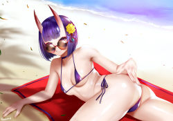 Rule 34 | 1girl, :d, arm support, artist name, ass, bare arms, bare shoulders, beach, beach towel, bikini, blush, breasts, breasts apart, cellphone, choker, collarbone, easonx, fate/grand order, fate (series), flower, from behind, grin, hair flower, hair ornament, hair ribbon, hand on own ass, horns, looking at viewer, looking back, looking over eyewear, looking over glasses, lying, micro bikini, ocean, on stomach, open mouth, phone, purple bikini, purple choker, purple eyes, purple hair, purple ribbon, red-framed eyewear, red-tinted eyewear, red-tinted glasses, red ribbon, ribbon, round eyewear, sand, short hair, shuten douji (fate), side-tie bikini bottom, skin-covered horns, smartphone, smile, solo, sunglasses, swimsuit, teeth, tinted eyewear, towel, twisted torso, underboob, yellow flower