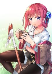 Rule 34 | 1girl, belt, between legs, black pantyhose, blue eyes, blue flower, blush, day, flower, grass, hair flower, hair ornament, harmonica, highres, holding, holding instrument, instrument, light smile, looking at viewer, navel, original, outdoors, pantyhose, parted lips, pink hair, shirasagi rokuwa, shirt, sitting, solo, spread legs, staff, thighs, v-neck, white shirt