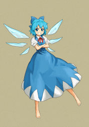 Rule 34 | 1girl, absurdres, barefoot, blue eyes, blue hair, bow, cirno, crossed arms, dress, full body, grin, hair bow, highres, matching hair/eyes, shibasaki shouji, short hair, simple background, smile, solo, touhou, wings