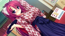 Rule 34 | 1girl, animal ears, arms up, blue eyes, blush, breasts, embarrassed, food, game cg, huge breasts, japanese clothes, long hair, looking away, pink hair, ponytail, solo, standing, syroh, waitress, yakimochi stream