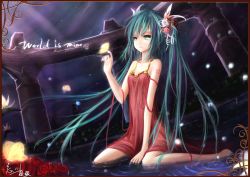 Rule 34 | 1girl, bad id, bad pixiv id, bug, butterfly, copyright name, dress, flower, green eyes, green hair, hair flower, hair ornament, hatsune miku, highres, insect, long hair, matching hair/eyes, partially submerged, rose, sitting, solo, twintails, very long hair, vocaloid, wangchuan de quanyan, wariza, water, world is mine (vocaloid)