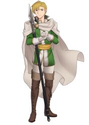 Rule 34 | 1boy, absurdres, blonde hair, boots, brown eyes, brown footwear, cain (fire emblem: thracia 776), cape, coat, ebinku, fire emblem, fire emblem: thracia 776, full body, gloves, green coat, highres, holding, holding polearm, holding weapon, looking at viewer, nintendo, pants, polearm, solo, weapon, white cape, white gloves, white pants