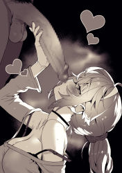 1boy 1girl bare_shoulders blush bra_strap breasts brown_theme censored choker cleavage clothed_female_nude_male fellatio heart hetero highres large_penis long_hair long_sleeves male_pubic_hair monochrome mosaic_censoring nise_(basilsis) nude oral original penis kissing_penis ponytail pubic_hair sepia shirt testicles