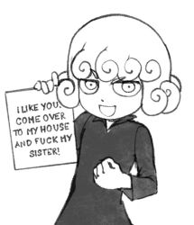 Rule 34 | 1girl, chibi, curly hair, english text, full metal jacket, greyscale, holding, holding sign, looking at viewer, monochrome, one-punch man, open mouth, parody, pixel maritan, profanity, sign, solo, source quote parody, tatsumaki, the golden smurf, white background