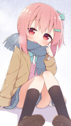 Rule 34 | 1girl, :d, ayanepuna, black socks, blue bow, blue scarf, blue skirt, blush, bow, brown footwear, brown jacket, commentary request, fringe trim, hair between eyes, hair bow, hair ornament, hairclip, hand up, highres, jacket, knees up, loafers, long sleeves, looking at viewer, one side up, open clothes, open jacket, open mouth, original, pink hair, red eyes, romaji commentary, scarf, shirt, shoe soles, shoes, sitting, skirt, sleeves past wrists, smile, snowing, socks, solo, sweater vest, white shirt