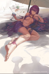 Rule 34 | 1girl, abs, ankle ribbon, barefoot, beach, beach umbrella, breasts, cu chulainn (caster) (fate), cu chulainn (fate), cu chulainn (fate/stay night), cup, fate/grand order, fate (series), feet, foreshortening, gae bolg (fate), highres, large breasts, leg ribbon, long hair, looking at viewer, lying, navel, on side, out of frame, purple eyes, purple hair, ribbon, sand, sarong, scathach (fate), shadow, soles, solo focus, swimsuit, toes, umbrella, underboob, ushas