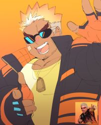 Rule 34 | 1boy, bara, beard, black gloves, black jacket, black shirt, blouse, commentary, cosplay, dark-skinned male, dark skin, dog tags, facial hair, flame print, gloves, gradient background, gradient hair, guy fieri, guy fieri (cosplay), hand up, jacket, jewelry, male focus, meme, multicolored clothes, multicolored hair, multicolored jacket, muscular, muscular male, necklace, open mouth, orange background, orange gloves, orange hair, orange jacket, photo-referenced, pointing, pointing at viewer, shirt, smile, solo, sunglasses, teeth, thick eyebrows, tokyo houkago summoners, two-tone gloves, two-tone hair, two-tone jacket, ulaanbaatar (housamo), upper body, v-shaped eyebrows, yellow shirt, yuufreak