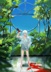 Rule 34 | 1boy, animal, animal on hand, arm behind back, bare shoulders, barefoot, bird, bird on hand, blood, blood trail, blue eyes, blue sky, blurry, blurry foreground, collarbone, fingernails, greenhouse, hair between eyes, highres, indoors, kyouichi, lower teeth only, male focus, open mouth, original, plant, sky, smile, standing, teeth, toenails, tongue, trail, tree, white hair