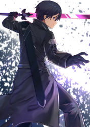 Rule 34 | 1boy, absurdres, black coat, black gloves, black hair, black pants, blurry, blurry background, closed mouth, coat, depth of field, from behind, gloves, hair between eyes, hand up, highres, holding, holding sword, holding weapon, kirito, long sleeves, male focus, mosta (lo1777789), pants, profile, purple eyes, sheath, solo, standing, sword, sword art online, unsheathed, weapon